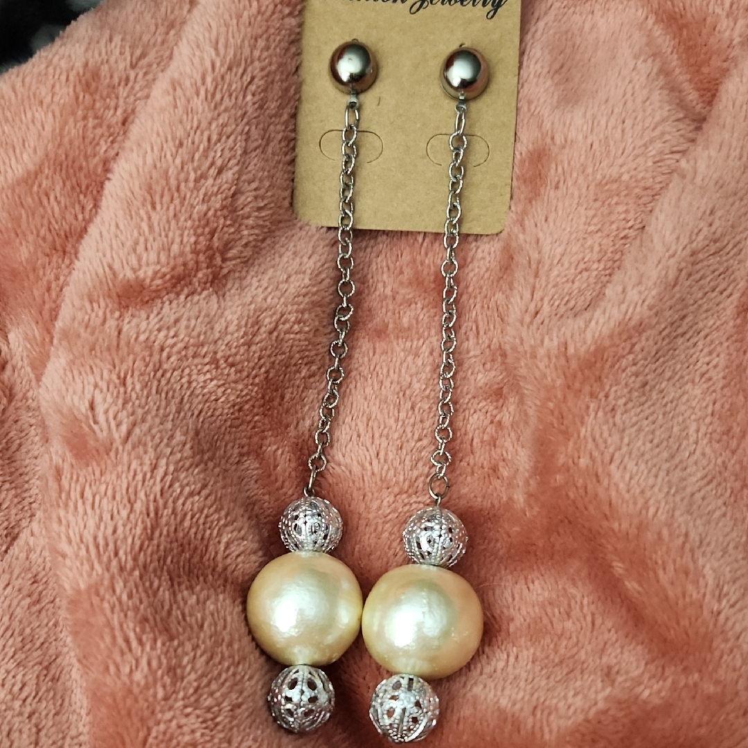 Long Silver Dangle Earrings With Pearl Beads